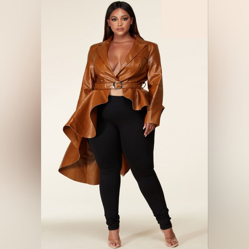 Leather Hi Lo Peplum Jacket (Cognac color)